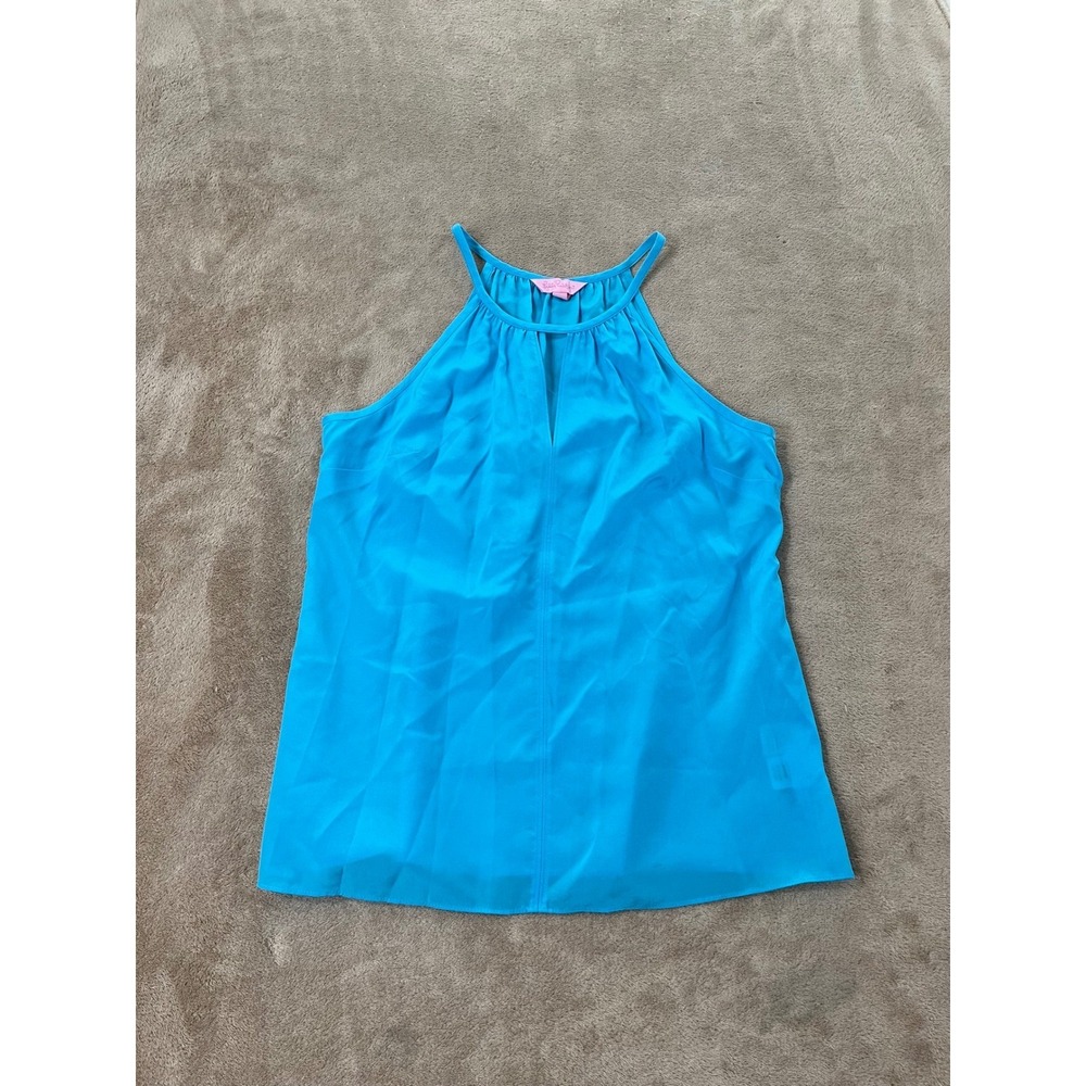 Lilly Pulitzer Silk Halter Blouse Turquoise Blue Keyhole Pleated 91842 Womens M